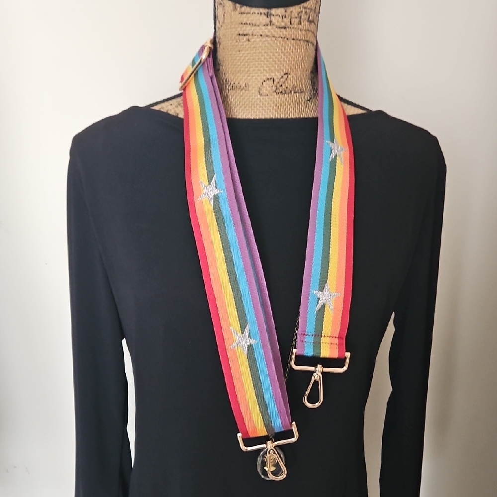 Rainbow Stripe with Silver Glitter Star Bag Strap. - Picture 2 of 9